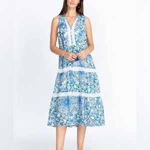 Johnny Was Aster Tiered Midi Dress Blue White Floral
